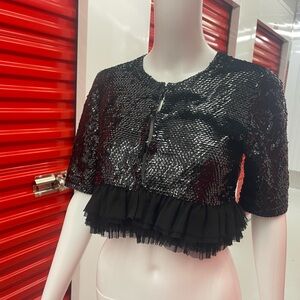 BCBGMaxAzria Black Sequin Ruffle Crop Top